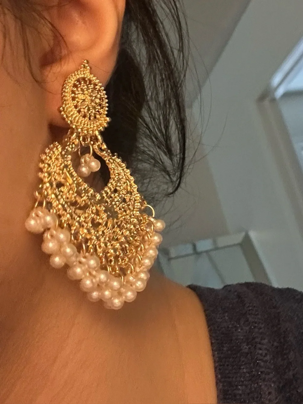 Gold Chandbali Earrings with Pearl Fringe - Picture 5 of 5